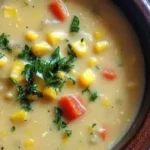 Bowl of creamy corn and vegetable soup garnished with herbs and fresh vegetables.