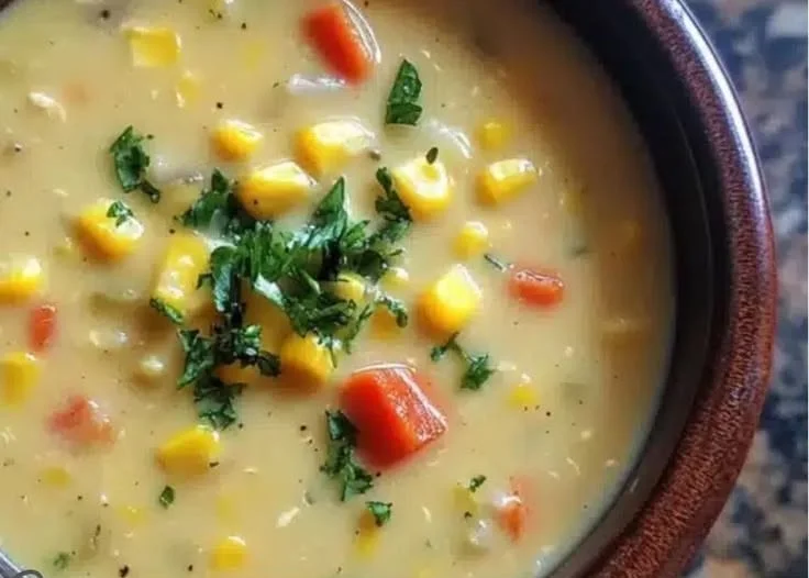 Bowl of creamy corn and vegetable soup garnished with herbs and fresh vegetables.