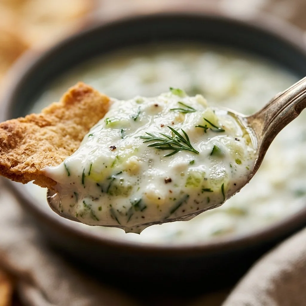 Creamy cucumber-dill yogurt dip served in a bowl with fresh herbs