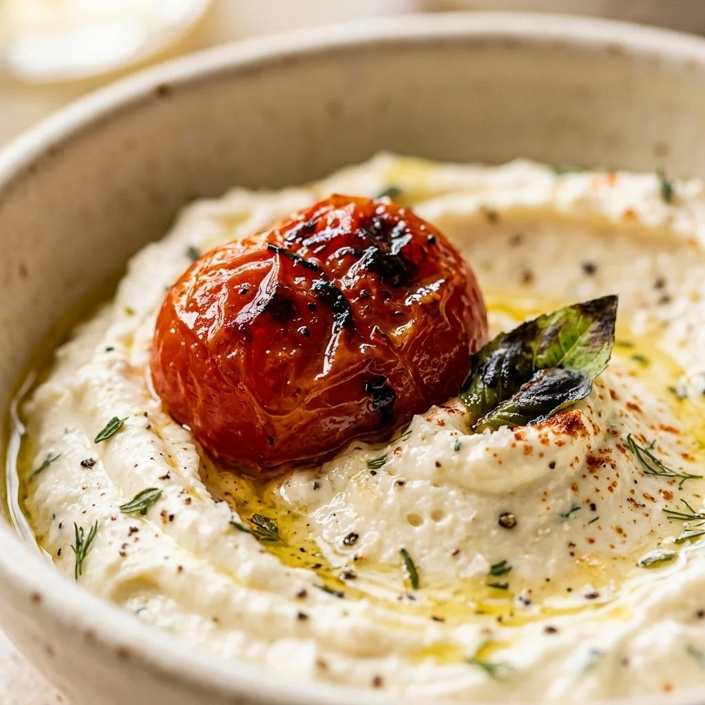 Creamy feta dip garnished with roasted cherry tomatoes, served in a bowl