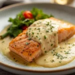 Delicious creamy garlic butter salmon served with herbs and lemon
