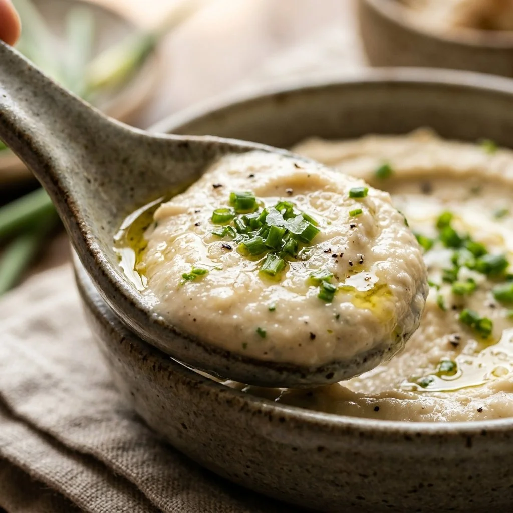 Creamy garlic scape white bean hummus served in a bowl with fresh vegetables