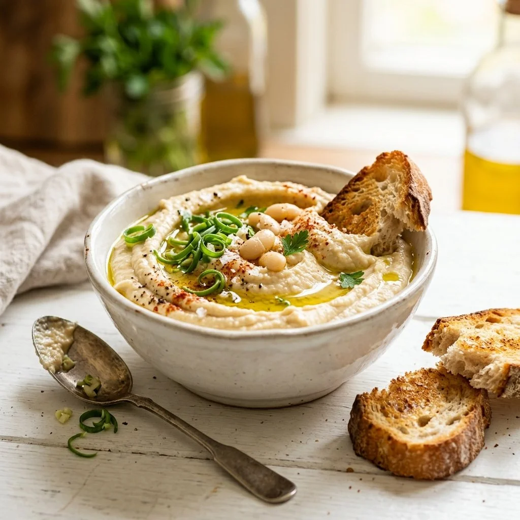 Creamy Garlic Scape and White Bean Hummus
