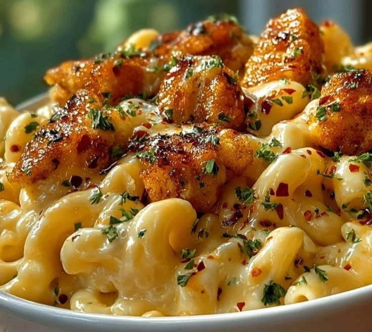 Creamy Honey Pepper Chicken with Mac and Cheese served on a plate.