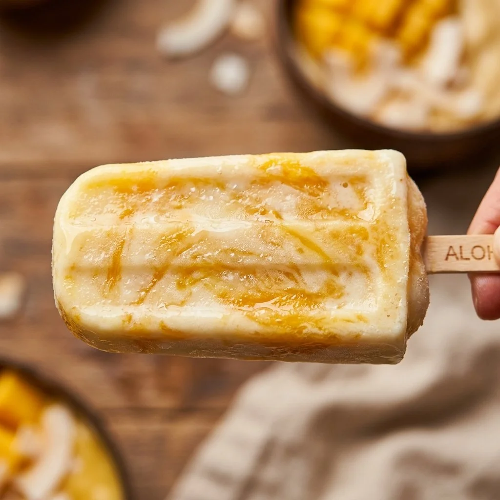 Creamy mango coconut popsicle made with coconut milk and fresh mangoes