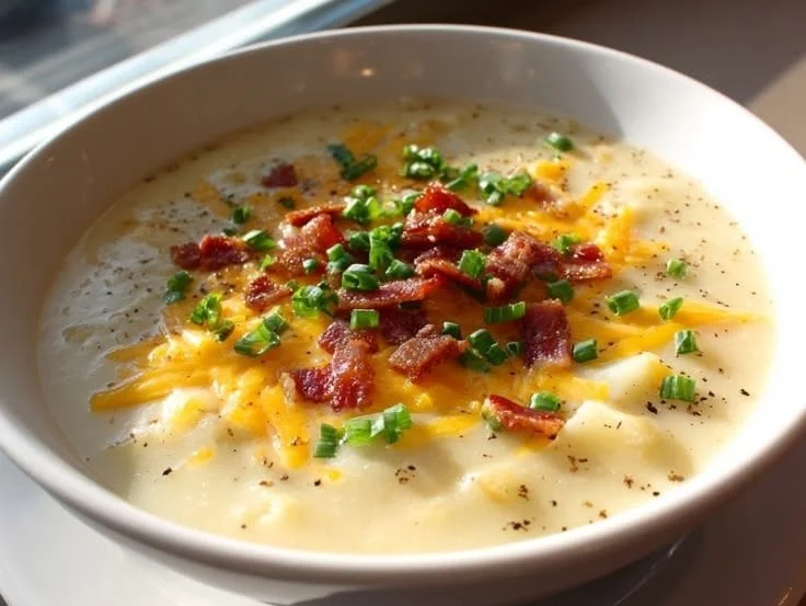 Bowl of creamy potato soup garnished with herbs and served with bread
