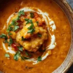 Bowl of creamy roasted veggie soup garnished with herbs and served hot.
