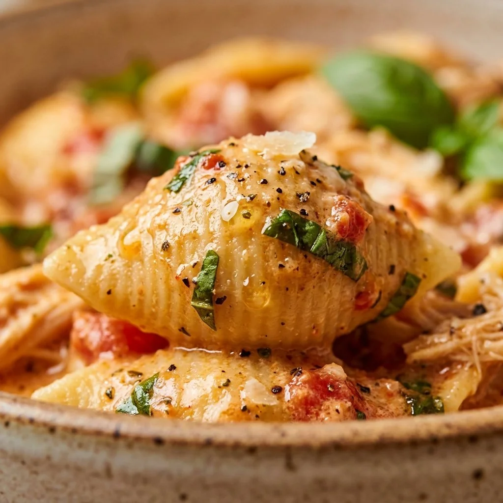 Creamy tomato basil chicken shells cooked in one pot, garnished with fresh basil.