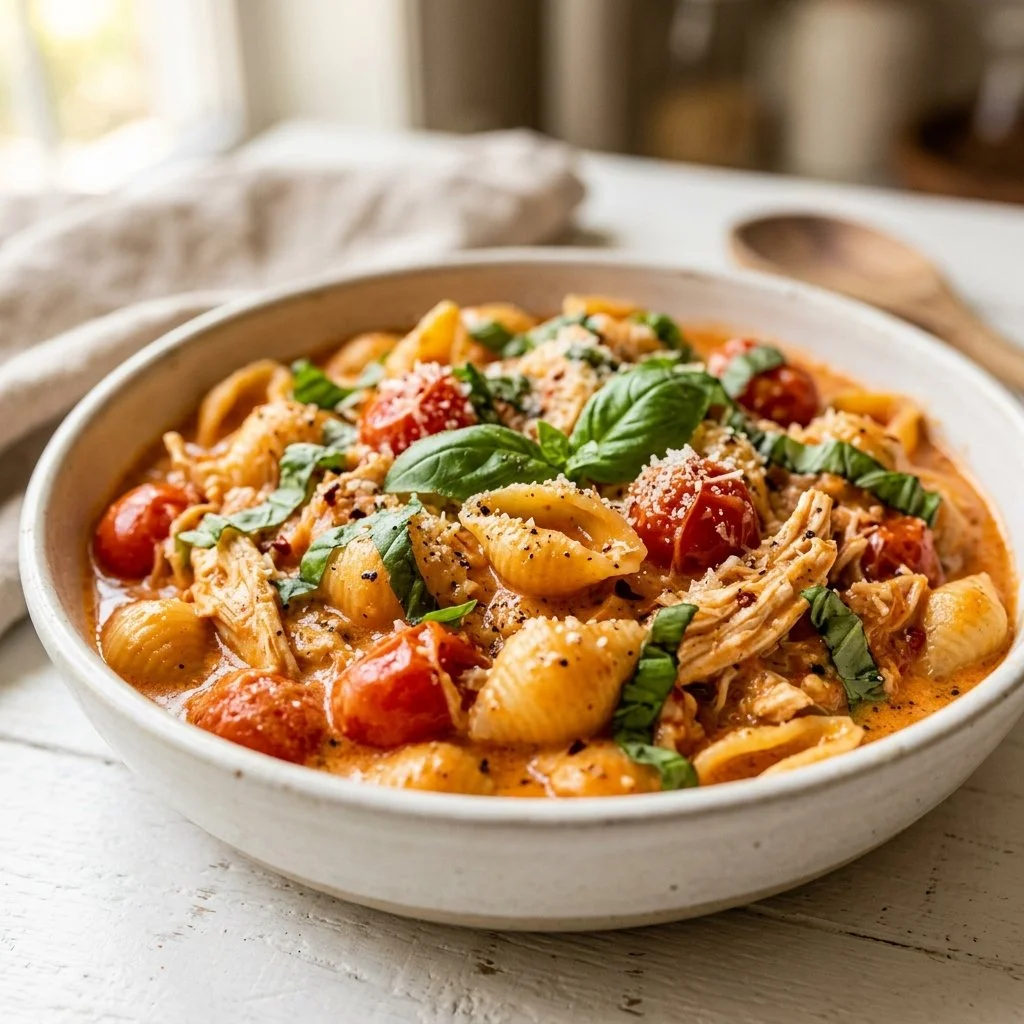 Creamy Tomato Basil Chicken Shells in One Pot