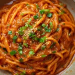 Creamy tomato pasta dish with gochujang served in a bowl.