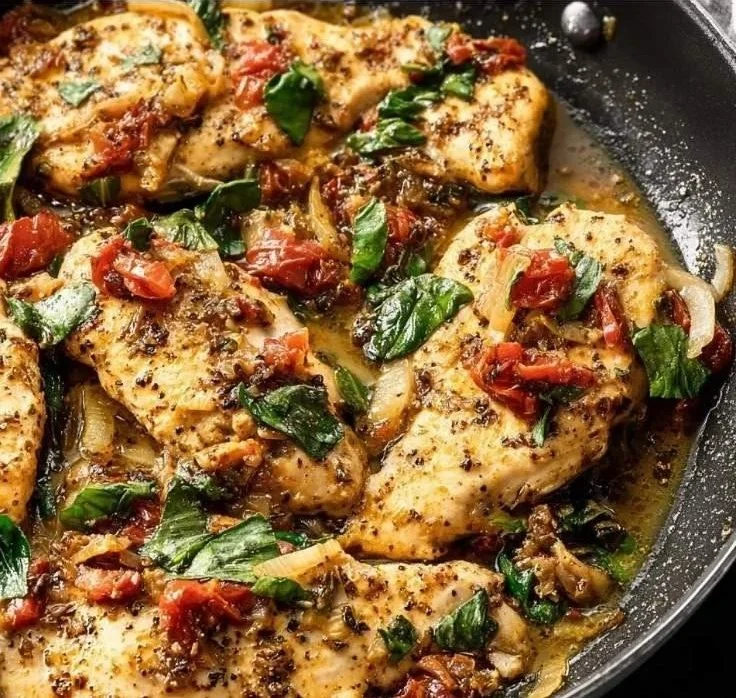 Creamy Tuscan chicken served in a one-pan recipe with vibrant ingredients
