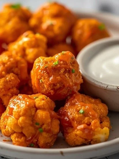 Crispy Air Fried Buffalo Cauliflower served on a plate with dipping sauce