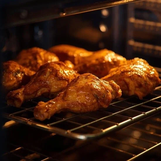 Crispy baked chicken legs fresh out of the oven, golden and appetizing.