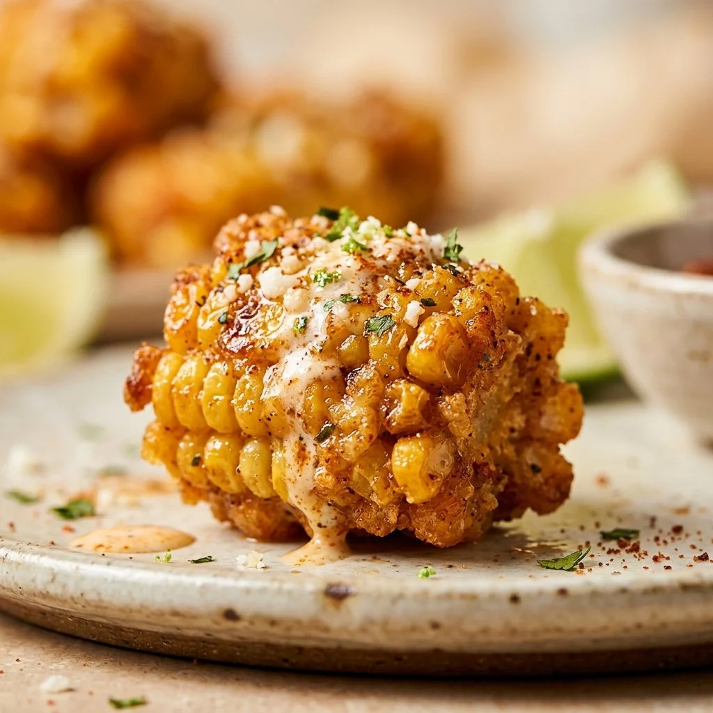 Delicious crispy elote corn nuggets made in an air fryer, served on a plate.