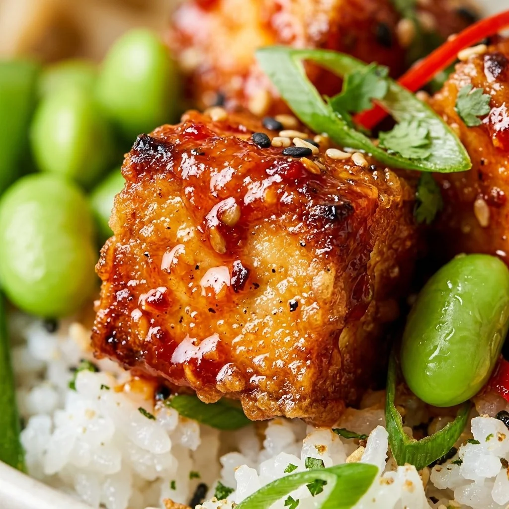 Crispy Gojuchang Tofu served in a summer bowl with edamame and fresh vegetables.
