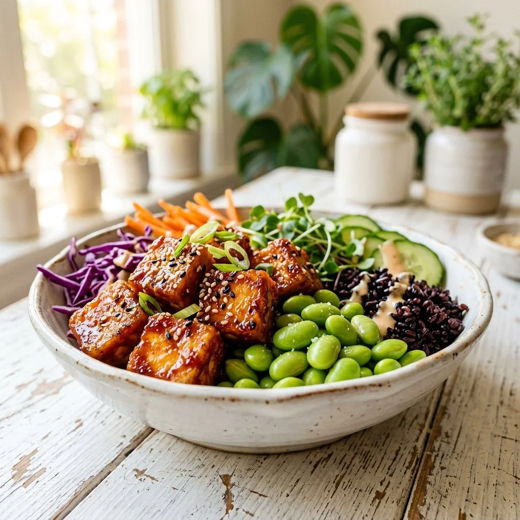 Crispy Gojuchang Tofu and Edamame Summer Bowl