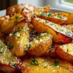 Plate of crispy Greek-style potatoes seasoned with herbs and spices