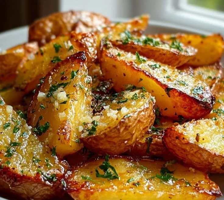 Plate of crispy Greek-style potatoes seasoned with herbs and spices