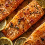 Crispy sheet pan salmon with vegetables ready to serve.