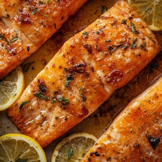 Crispy sheet pan salmon with vegetables ready to serve.