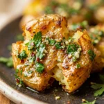 Crispy smashed potatoes drizzled with chimichurri sauce