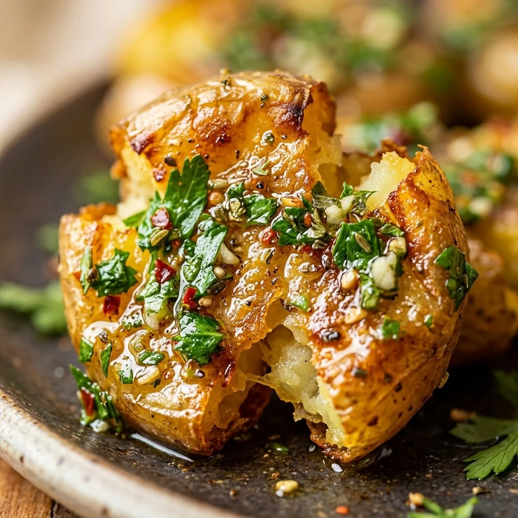 Crispy smashed potatoes drizzled with chimichurri sauce