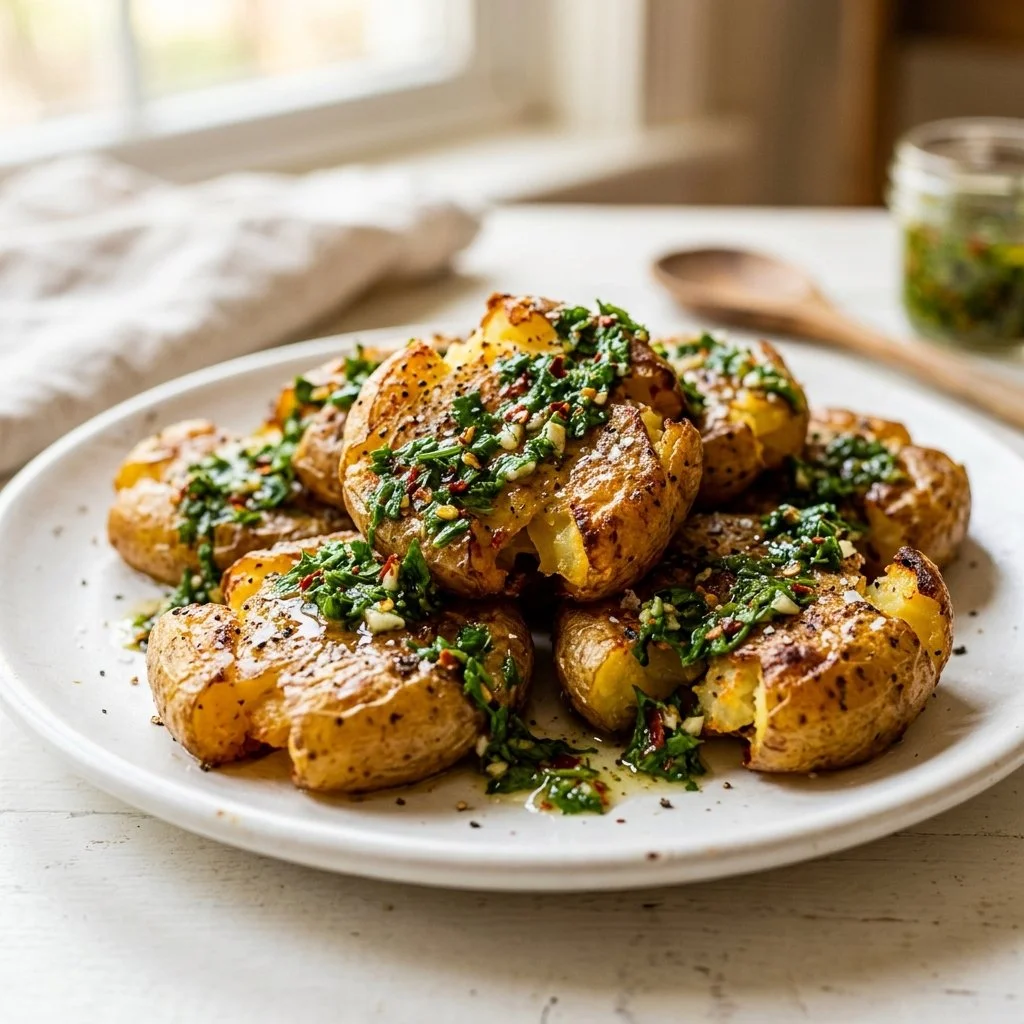 Crispy Smashed Potatoes with Chimichurri Sauce