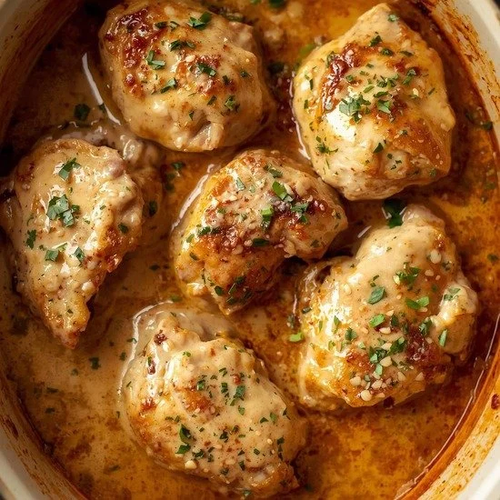 Delicious crockpot creamy garlic chicken thighs served with herbs.