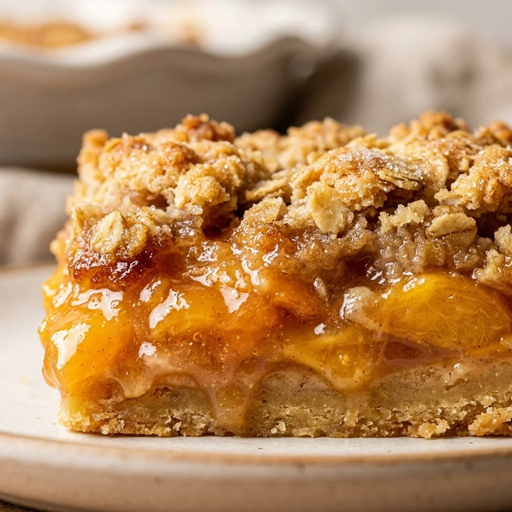 Delicious peach cobbler bars served on a plate with fresh peaches around.