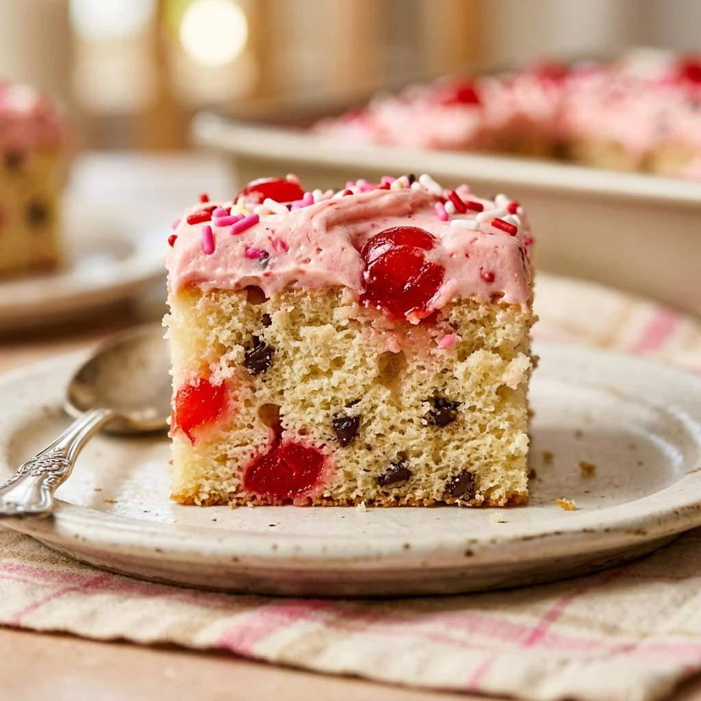 Slice of easy cherry chip cake on a plate with cherries on top