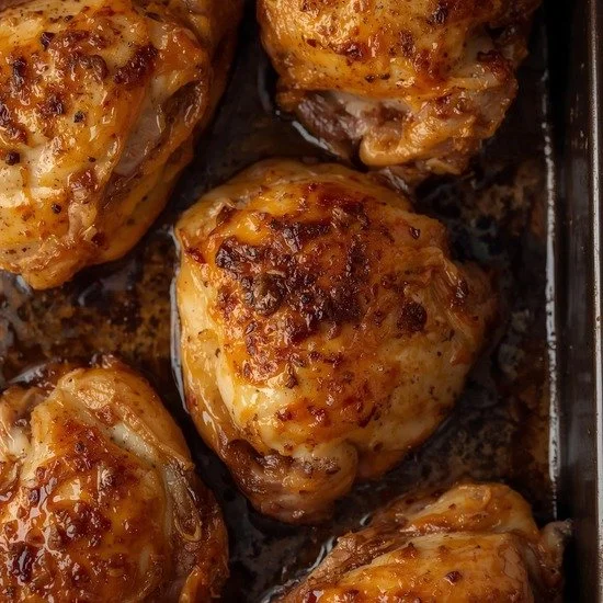 Delicious sheet pan chicken thighs ready to serve fresh from the oven.