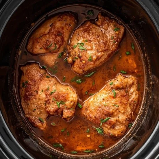 Easy slow cooker chicken thighs cooked to perfection with spices and herbs