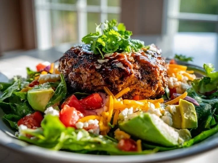 Delicious and colorful burger bowls filled with fresh ingredients and toppings.