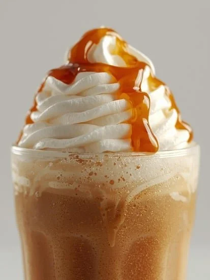 Delicious frozen Caramel Macchiato Slushie in a glass topped with whipped cream