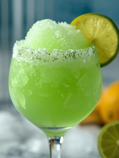Refreshing Frozen Lime Margarita Mocktail served in a glass with lime