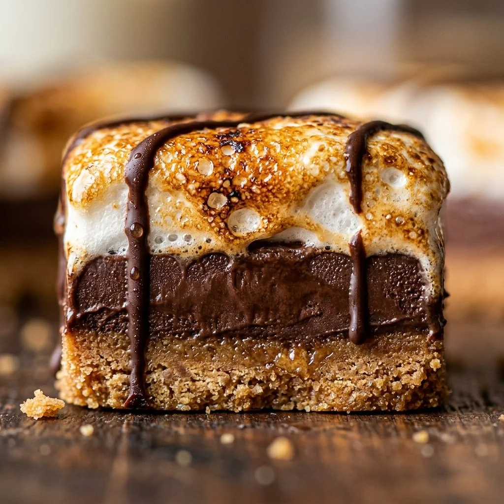 Delicious frozen s'mores bars topped with chocolate and marshmallows