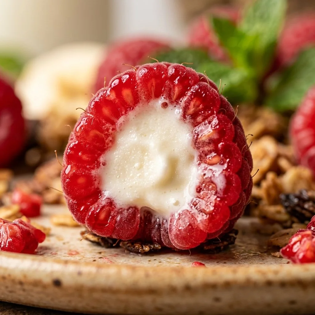 Frozen yogurt stuffed raspberry bites on a plate, a healthy dessert option