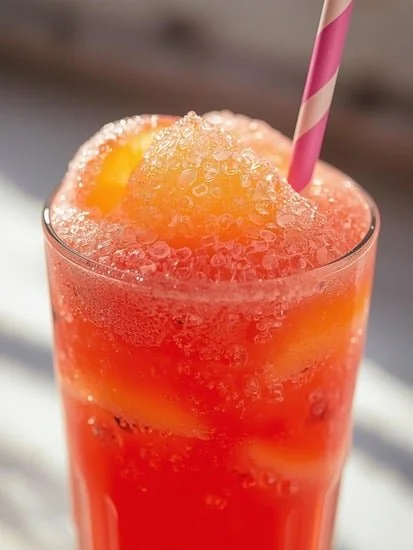 Delicious homemade Fruit Punch Slushie in a glass with fruit garnish