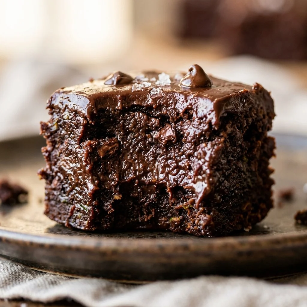 Fudgy flourless zucchini brownie bites topped with chocolate drizzle on a plate