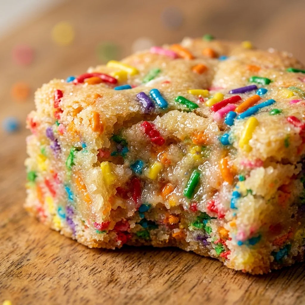 Delicious Funfetti Cake Batter Bars topped with colorful sprinkles