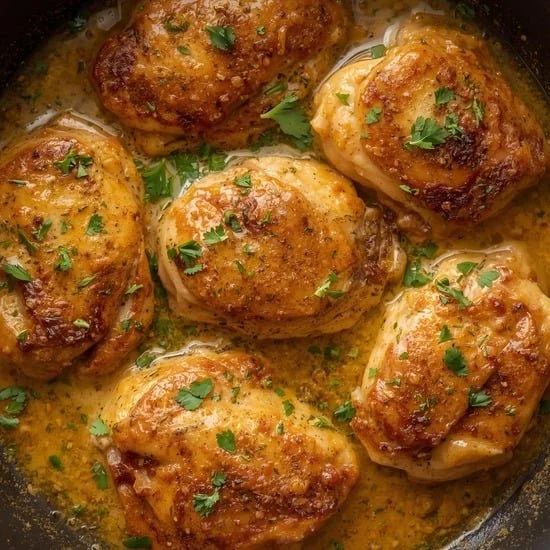 Garlic Butter Chicken thighs served on a plate with fresh herbs