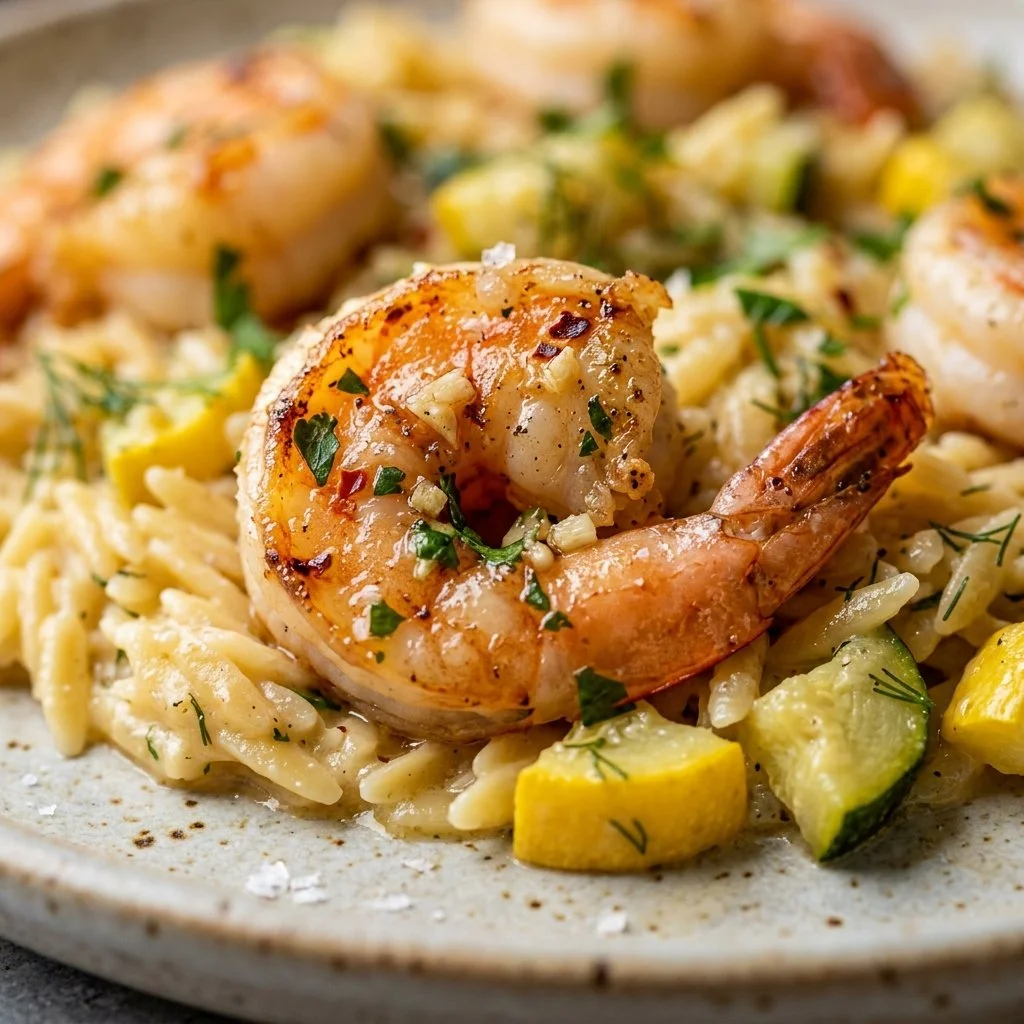 Plate of Garlic Butter Shrimp with Orzo and Summer Squash garnished with herbs.