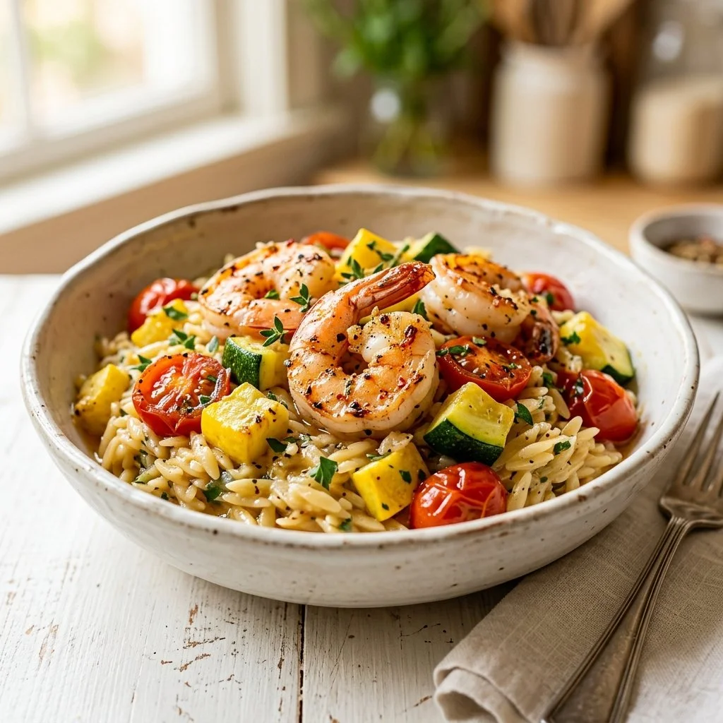 Garlic Butter Shrimp with Orzo and Summer Squash