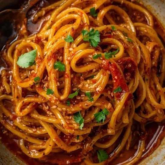 Delicious bowl of Garlic Chili Oil Noodles topped with herbs and spices.