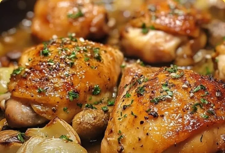 Golden Chicken Thigh Skillet with vegetables and herbs in a frying pan