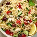 Delicious Greek Chicken Orzo Bowl with fresh vegetables and herbs
