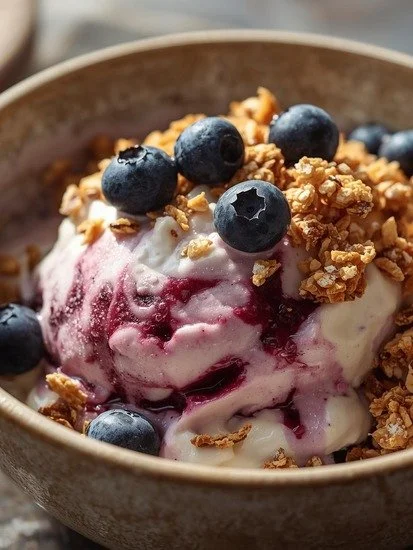 Greek yogurt and blueberry frozen bowl topped with fresh blueberries