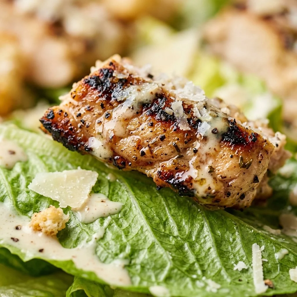 Grilled chicken Caesar salad with crisp romaine lettuce and creamy dressing