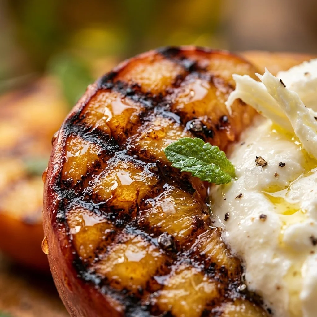 Grilled nectarines with burrata cheese served on a platter.