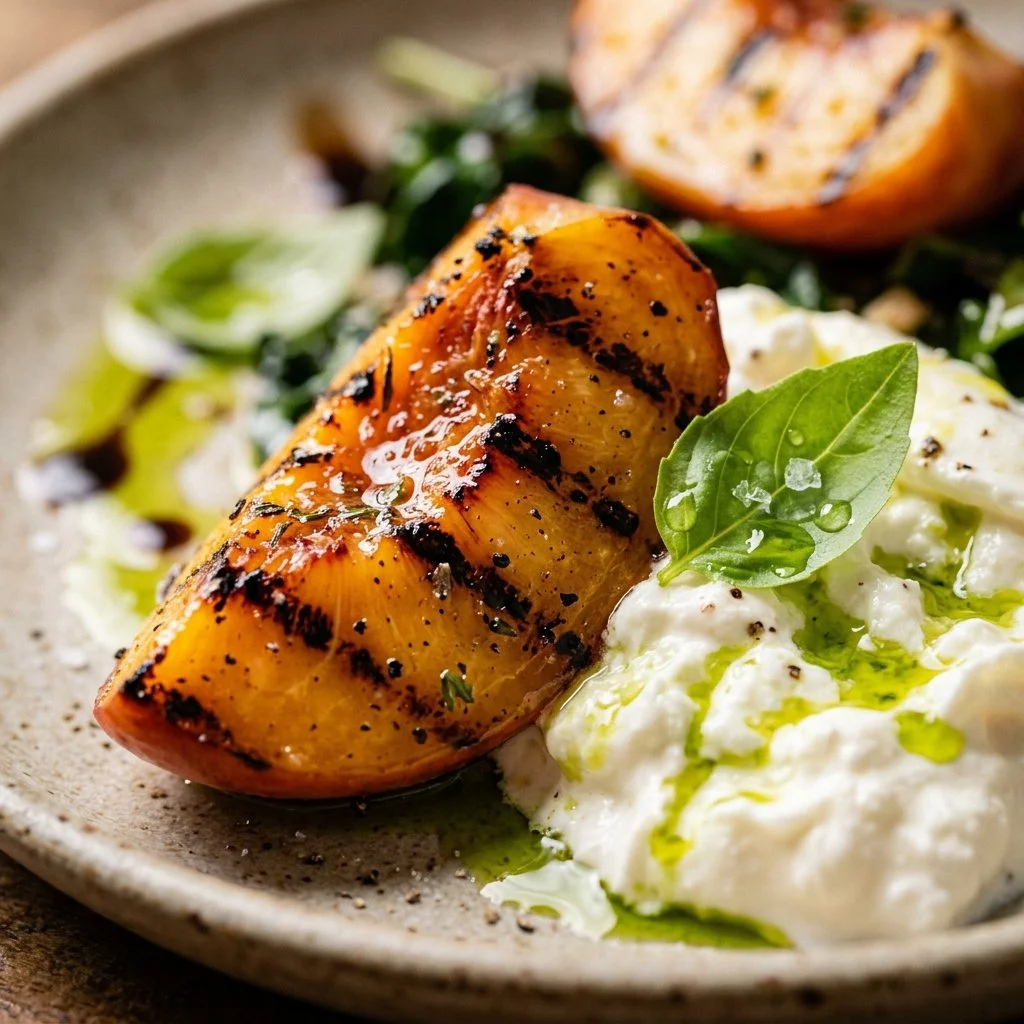 Grilled peach and burrata salad drizzled with basil oil on a plate